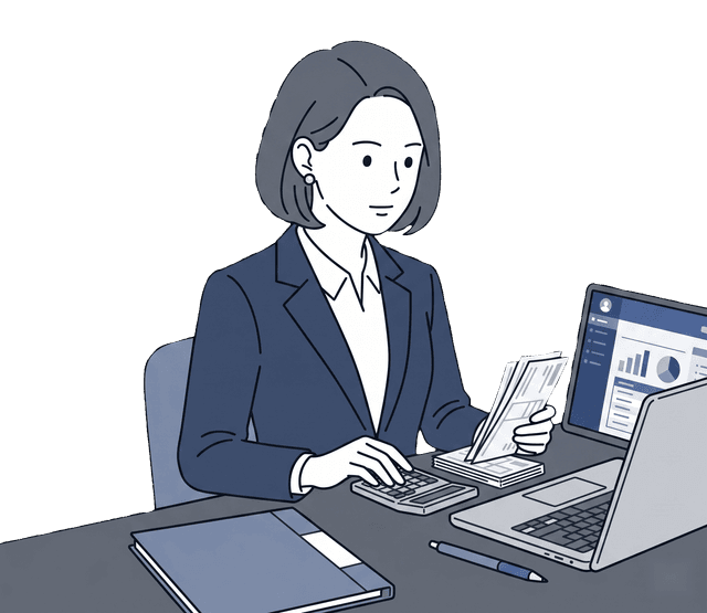 スーツの女性経理担当者がパソコンと電卓を使い、給与計算をしているイラスト。