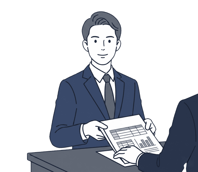 紺色のスーツの男性経理担当者が書類を手に上司に報告しているイラスト。