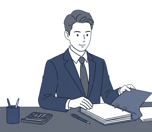紺色のスーツの男性経理担当者が月次の書類をデスクでまとめているイラスト。