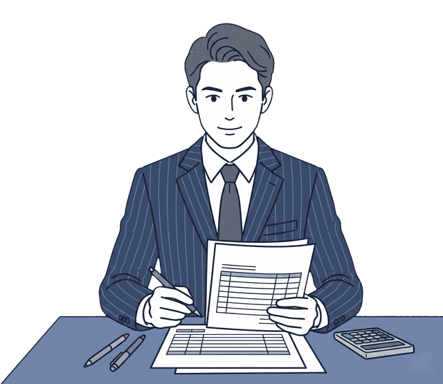 紺色のスーツの男性経理担当者が経費精算書類を確認しているイラスト。