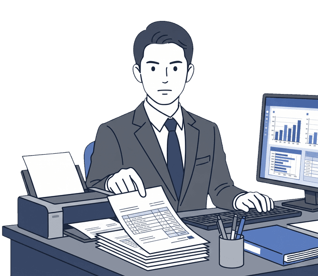 スーツの男性経理担当者がパソコンで請求書を発行しているイラスト。