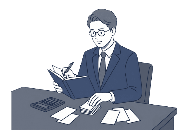 経理担当の男性が領収書を整理しているイラスト