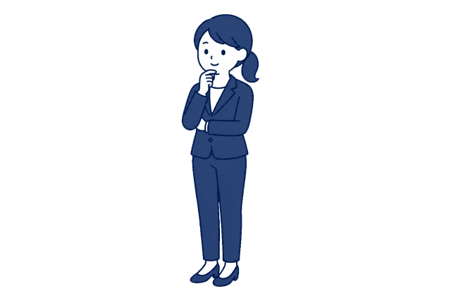 ポニーテールで紺色のパンツスーツの女性が、顎に手を当てて考えているイラスト。