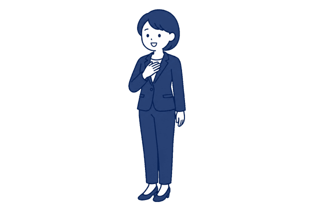 ボブヘアで紺色のパンツスーツの女性が、胸に手を当てて安心した表情をしているイラスト。