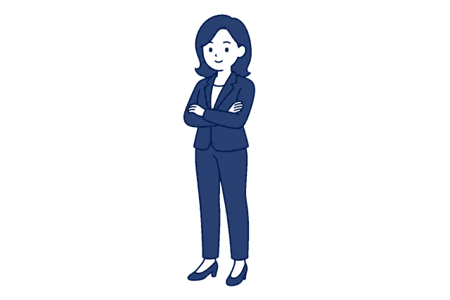 ロングヘアで紺色のパンツスーツを着た女性が、腕を組んで正面を向いて立っているイラスト。