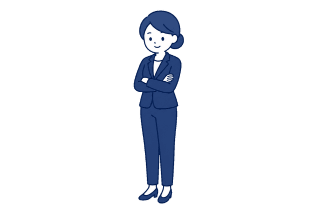 髪をまとめた紺色のパンツスーツの女性が、腕を組んで正面を向いて立っているイラスト。