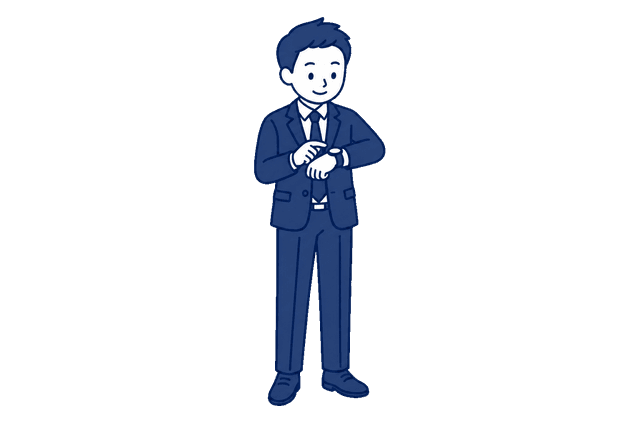 紺色のスーツ姿の男性が、腕時計を見て時間を確認しているイラスト。