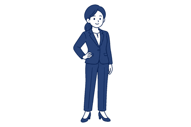 紺色のパンツスーツを着た女性が、片手を腰に当てて正面を向いて立っているイラスト。