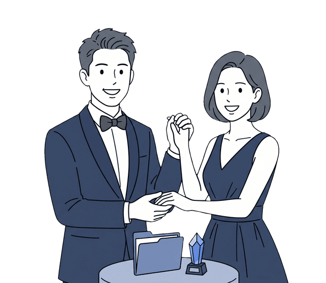 若い夫婦が問題解決を喜び、手を取り合っているイラスト。