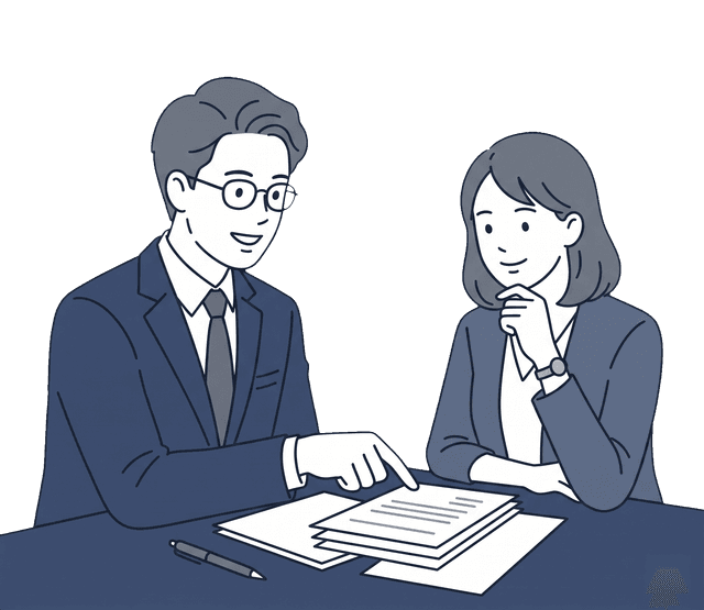 若い夫婦が机の書類を前に、一緒に相談しているイラスト。