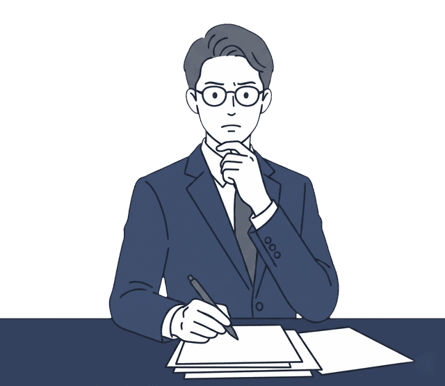 スーツの若い男性経営者が書類を見て、悩んだ表情をしているイラスト。