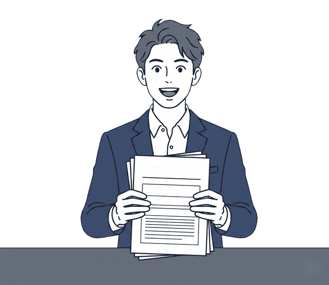 カジュアル装の若い男性が起業準備の書類を手に、わくわくした表情を見せているイラスト。
