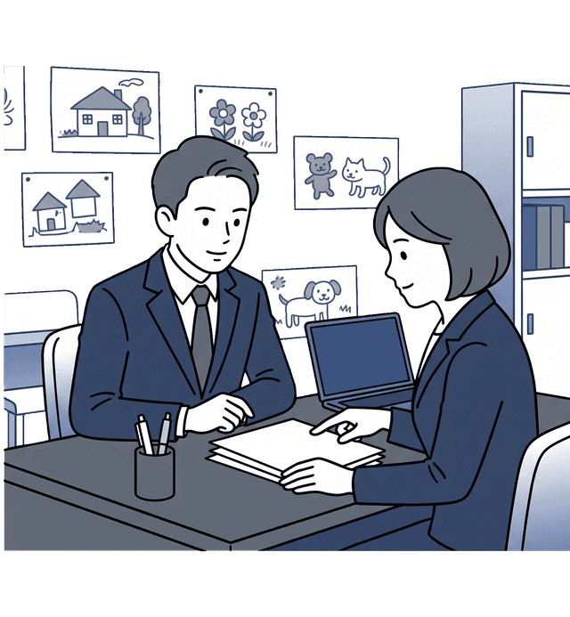 認可保育園を経営する女性が園児の絵が飾られた事務室で処遇改善等加算の助成金申請について社労士に相談しているイラスト