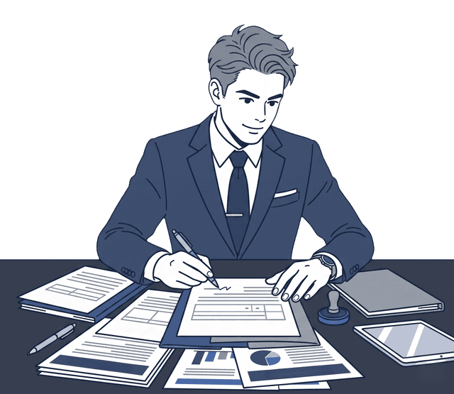 若い男性起業家が書類を見ながら設立手続きを進めているイラスト。