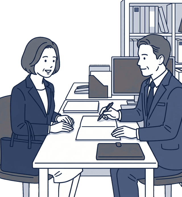 離婚を経て一人で子育てをしている中年女性が養育費と財産分与の税務処理について税理士に親身に相談しているイラスト