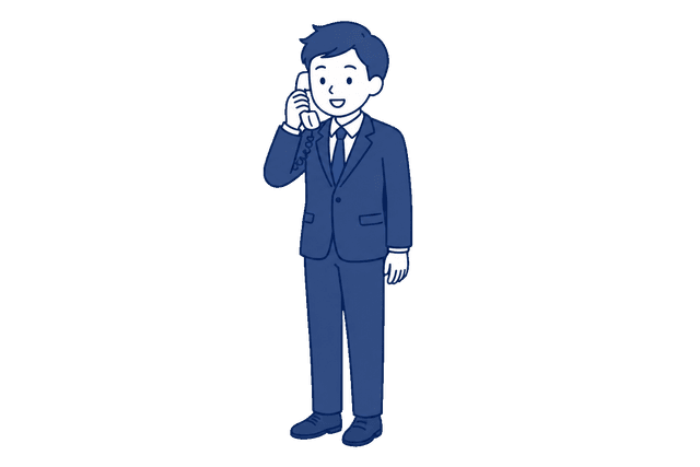 紺色のスーツ姿の男性が、受話器を耳に当てて笑顔で電話をしているイラスト。