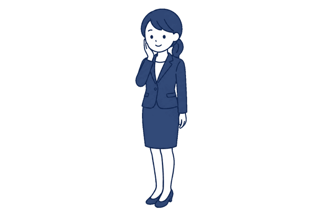 紺色のスカートスーツを着た女性が、頬に手を当てて穏やかに微笑んでいるイラスト。