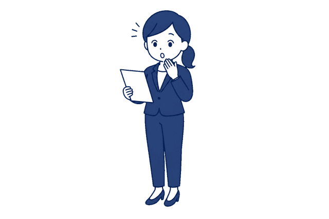 ポニーテールで紺色のパンツスーツの女性が、書類を手に口元を押さえて驚いた表情をしているイラスト。