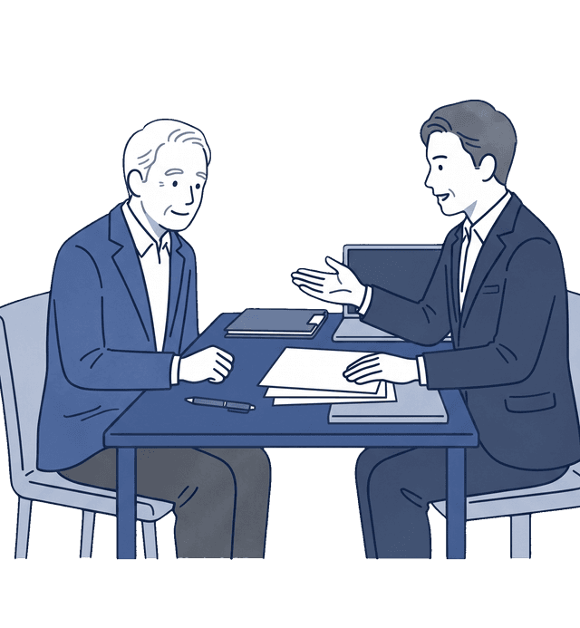 高齢の男性が公正証書遺言の作成にあたって行政書士から遺言内容と必要書類について説明を受けて頷いているイラスト