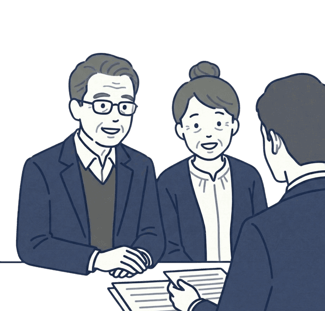 眼鏡をかけた高齢男性と髪を束ねた高齢女性が並んで座り、向かいに座る紺色のスーツの税理士と握手を交わしているイラスト。