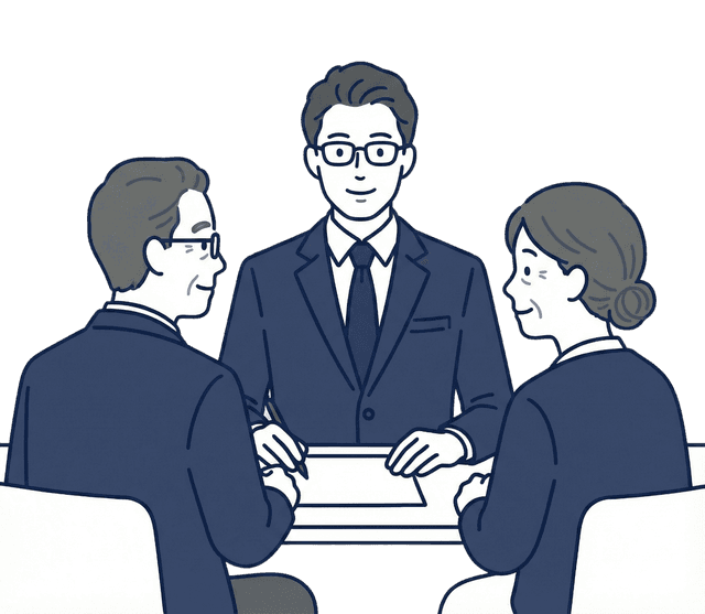 眼鏡をかけた紺色のスーツの税理士が中央に座り、両側に座る高齢男性と高齢女性と向き合ってテーブル越しに相談に応じているイラスト。