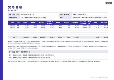 賃金台帳テンプレート「賞与の台帳（夏・冬の記録）」の記入例（無料・Excel・PDF）