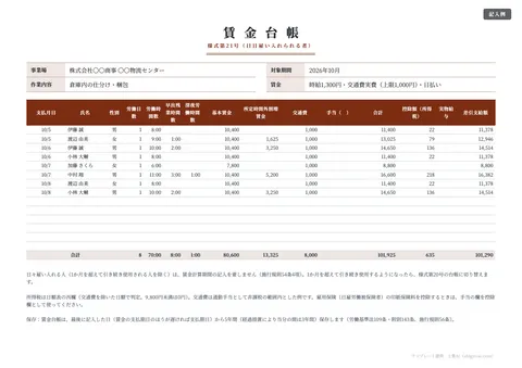 賃金台帳テンプレート「日雇労働者用（様式第21号）」の記入例（無料・Excel・PDF）