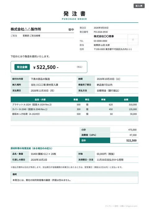発注書・注文書テンプレート「取適法（旧下請法）の明示事項つき」の記入例（無料・Excel・Word・PDF）