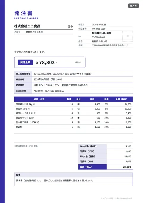 発注書・注文書テンプレート「インボイス対応（税率別・登録番号の確認欄）」の記入例（無料・Excel・Word・PDF）