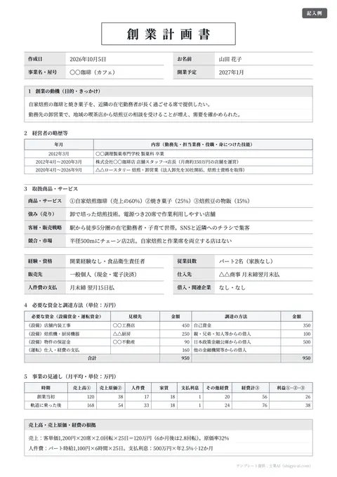 事業計画書テンプレート「創業計画書（公庫の記載項目を参考）」の記入例（無料・Excel・Word・PDF）
