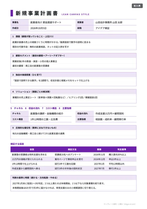 事業計画書テンプレート「新規事業計画（リーンキャンバス型）」の記入例（無料・Excel・Word・PDF）