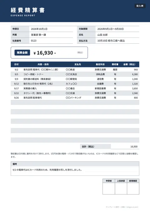 経費精算書・立替金精算書テンプレート「経費精算書（月次・標準）」の記入例（無料・Excel・PDF）