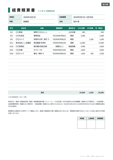 経費精算書・立替金精算書テンプレート「経費精算書（インボイス対応）」の記入例（無料・Excel・PDF）