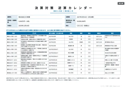 決算対策チェックリストテンプレート「逆算カレンダー（4段階の全体版）」の記入例（無料・Excel・PDF）