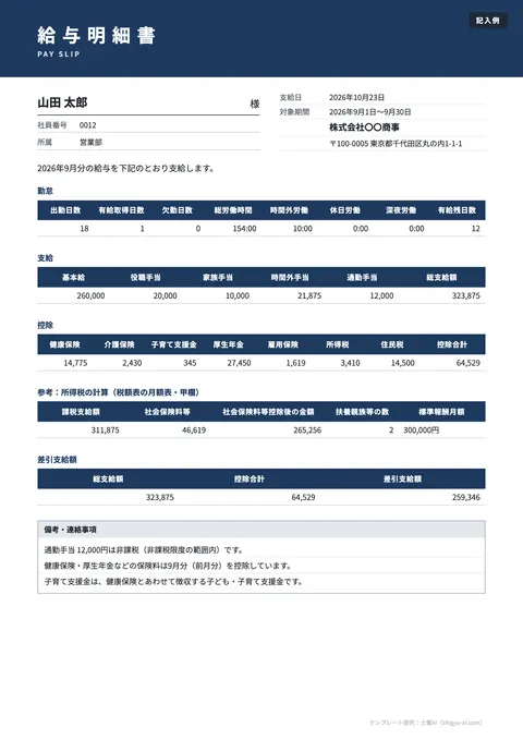給与明細テンプレート「月給制（勤怠・支給・控除の3段）」の記入例（無料・Excel・PDF）