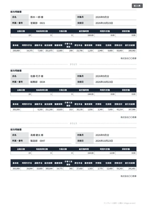 給与明細テンプレート「A4に3名分（切り取り線つき）」の記入例（無料・Excel・PDF）