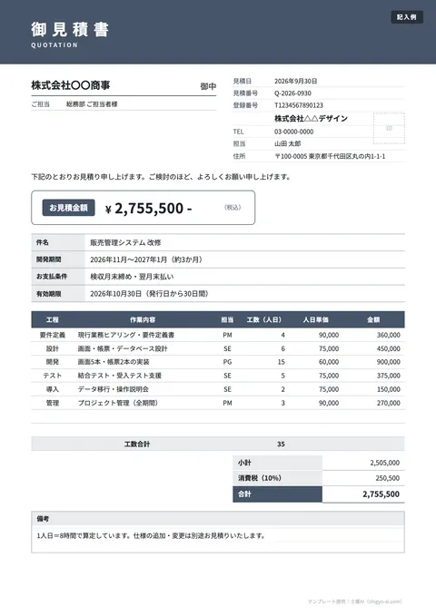 見積書テンプレート「工程別・工数見積（人日×単価）」の記入例（無料・Excel・Word・PDF）