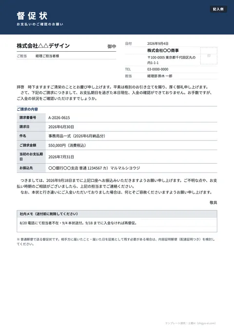 内容証明・督促状テンプレート「督促状（普通郵便・1回目）」の記入例（無料・Word・PDF）
