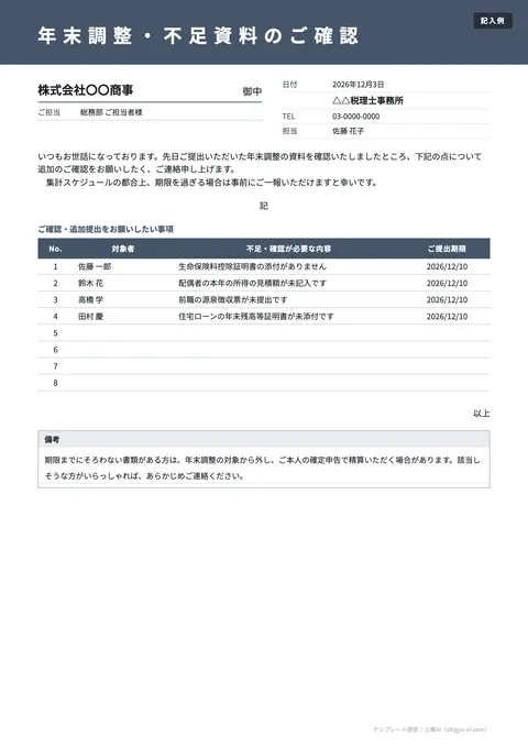 年末調整のご案内テンプレート「顧問先へ（不足資料のご確認）」の記入例（無料・Word・PDF）