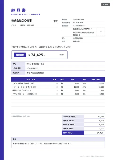 納品書テンプレート「適格請求書を兼ねる（インボイス対応）」の記入例（無料・Excel・Word・PDF）