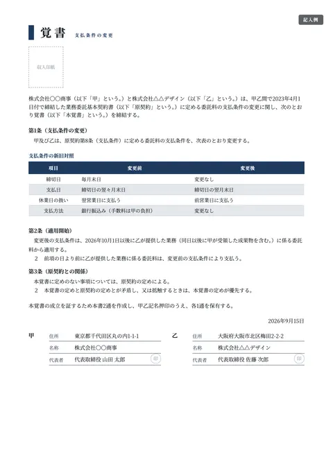 覚書テンプレート「支払条件の変更（支払日・方法）」の記入例（無料・Word・PDF）