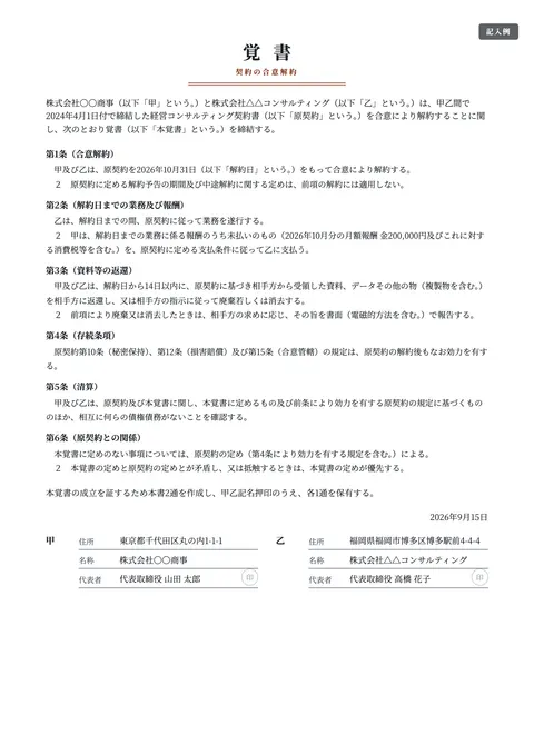 覚書テンプレート「契約の合意解約」の記入例（無料・Word・PDF）