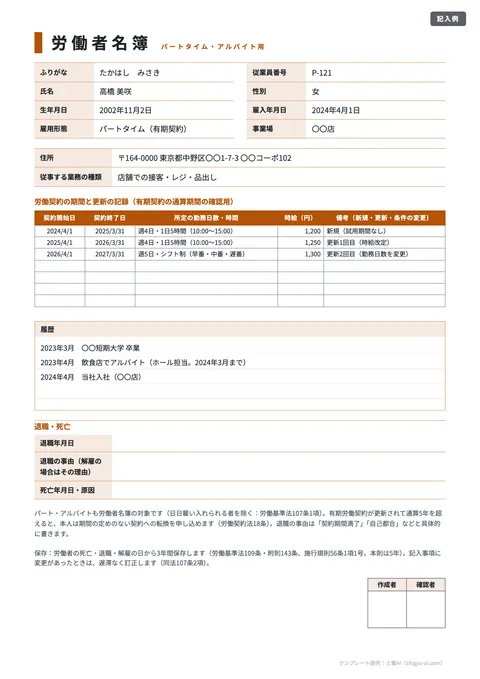労働者名簿テンプレート「パート・アルバイト用（契約更新の記録つき）」の記入例（無料・Excel・Word・PDF）