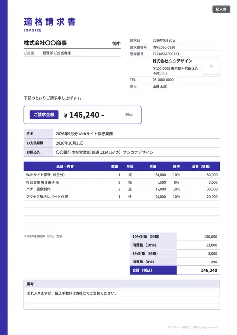 請求書テンプレート「適格請求書（インボイス対応・税率別）」の記入例（無料・Excel・Word・PDF）