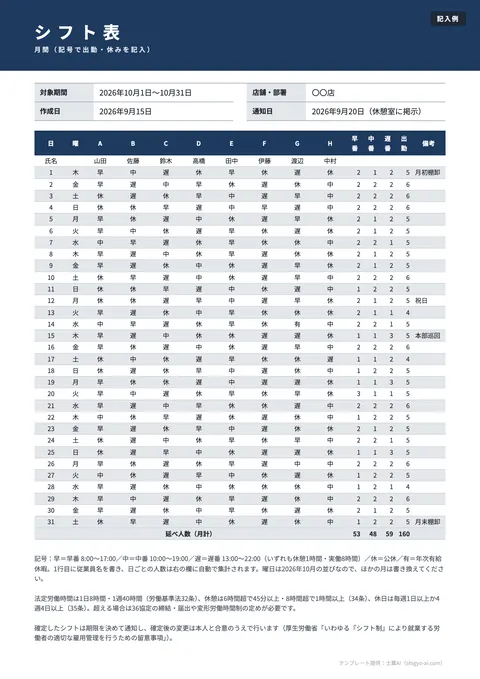 シフト表テンプレート「月間シフト表（記号・人数を自動集計）」の記入例（無料・Excel・PDF）