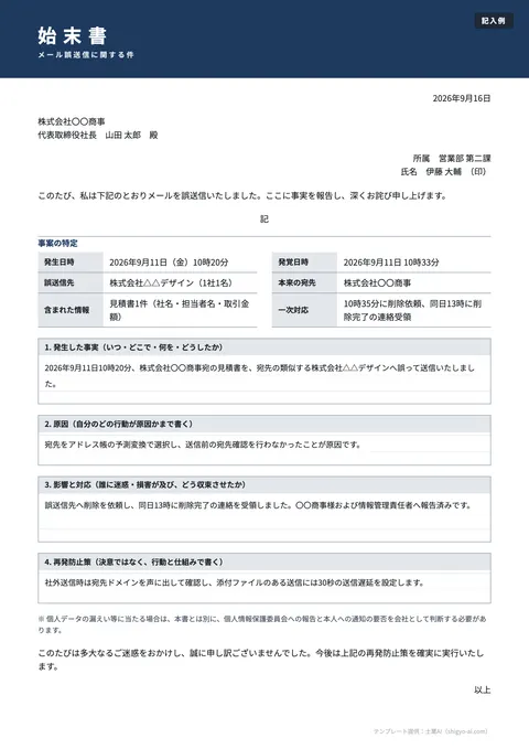 始末書テンプレート「メールの誤送信・情報漏えい」の記入例（無料・Word・PDF）