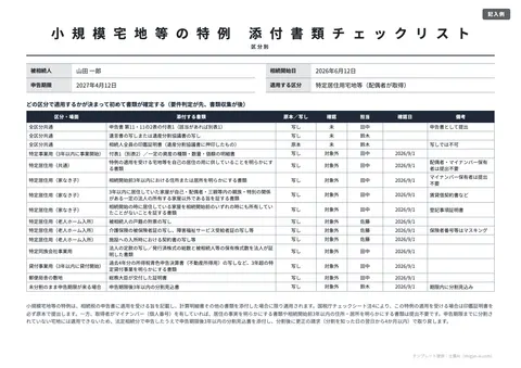 小規模宅地の特例チェックシートテンプレート「区分別の添付書類チェックリスト」の記入例（無料・Excel・PDF）