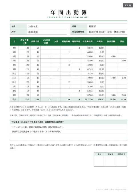 出勤簿テンプレート「年間集計表（月別の出勤日数・時間）」の記入例（無料・Excel・PDF）