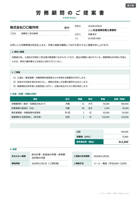 顧問契約の提案書・見積書テンプレート「労務顧問のご提案書（社労士）」の記入例（無料・Excel・Word・PDF）