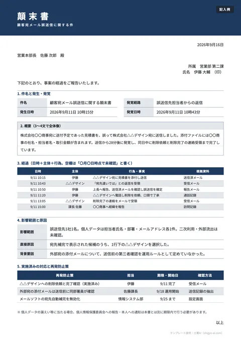 顛末書テンプレート「【社内】メールの誤送信」の記入例（無料・Word・PDF）